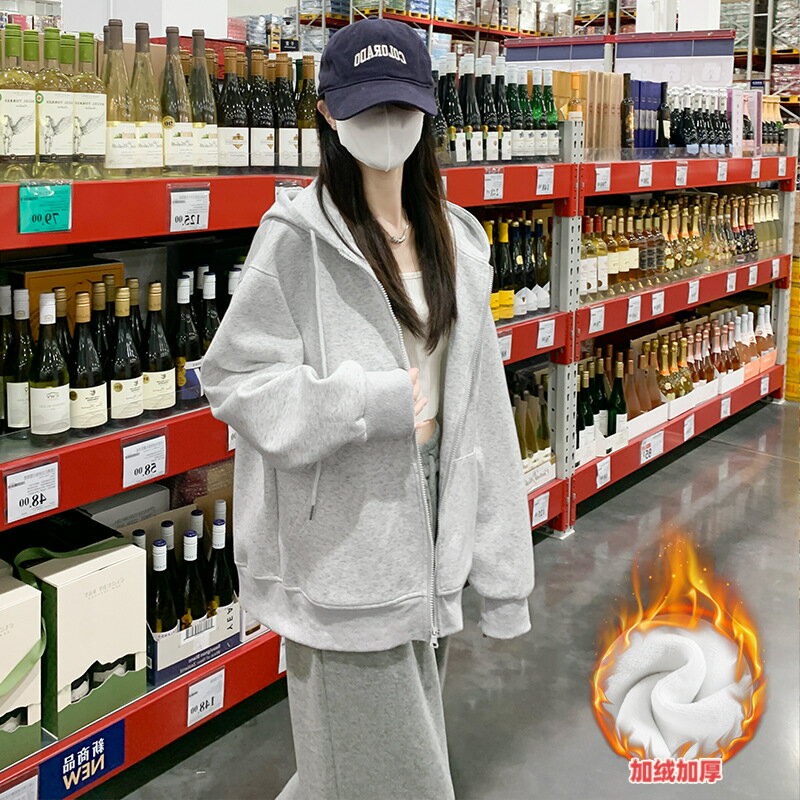 外套 女裝 休閒外套 時尚外套 衛衣女美式連帽加絨休閒運動外套秋季百搭寬鬆長袖小個子開衫上衣 0