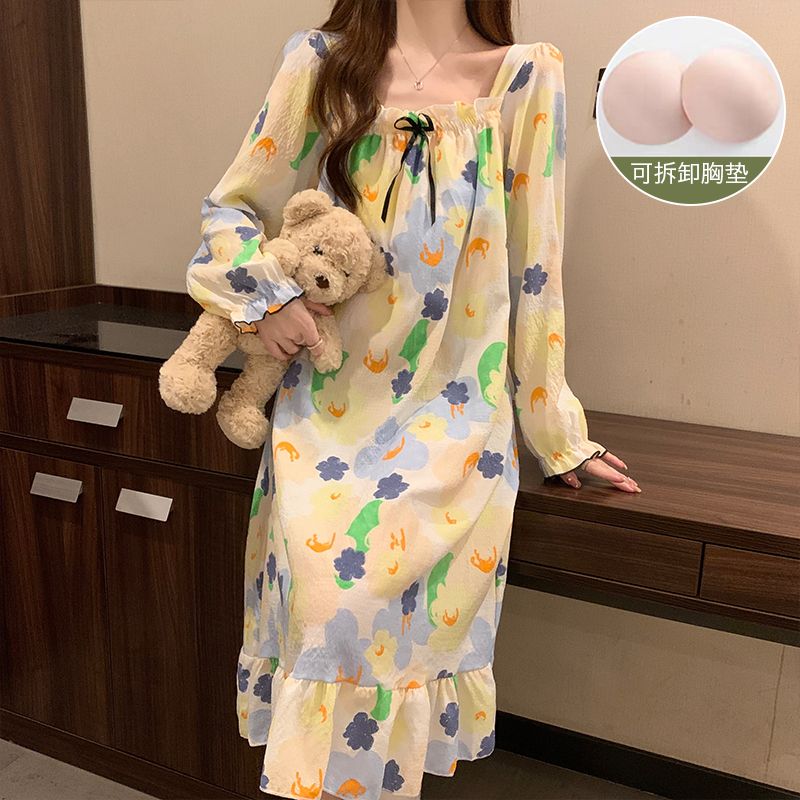 睡衣長袖帶胸墊睡裙女少女甜美可愛休閑寬松中長款家居服春秋季新款【倪醬】