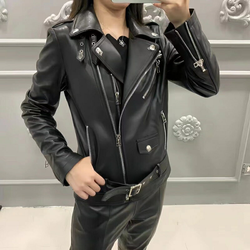 【巴黎精品】皮衣外套真皮夾克-羊皮短版修身機車服女外套黑色a1iw29