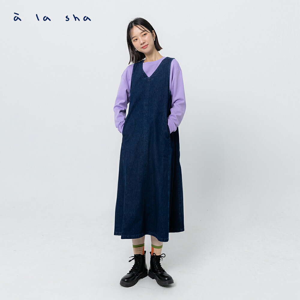 a la sha 牛仔V領氣質背心洋裝