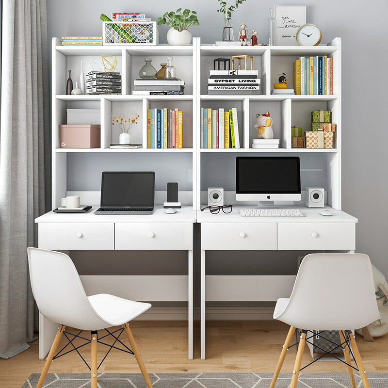 APP下單享點數9% 書桌書架組合家用雙人電腦桌臺式書柜一體臥室簡約辦公學生寫字桌
