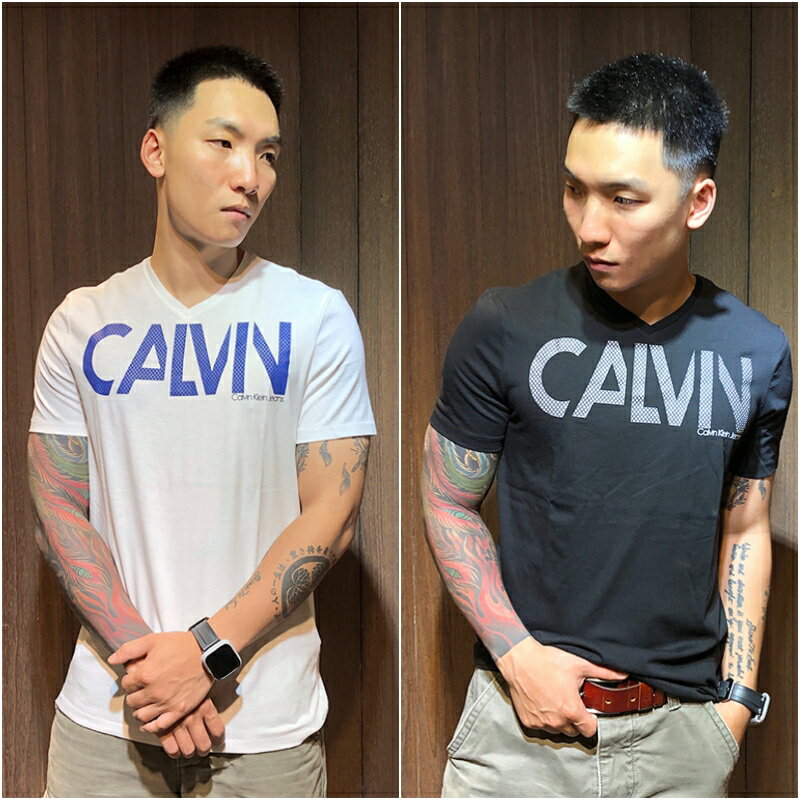 美國百分百【全新真品】Calvin Klein V領T恤 CK 短袖 T-shirt 短T logo 黑/白色 I424