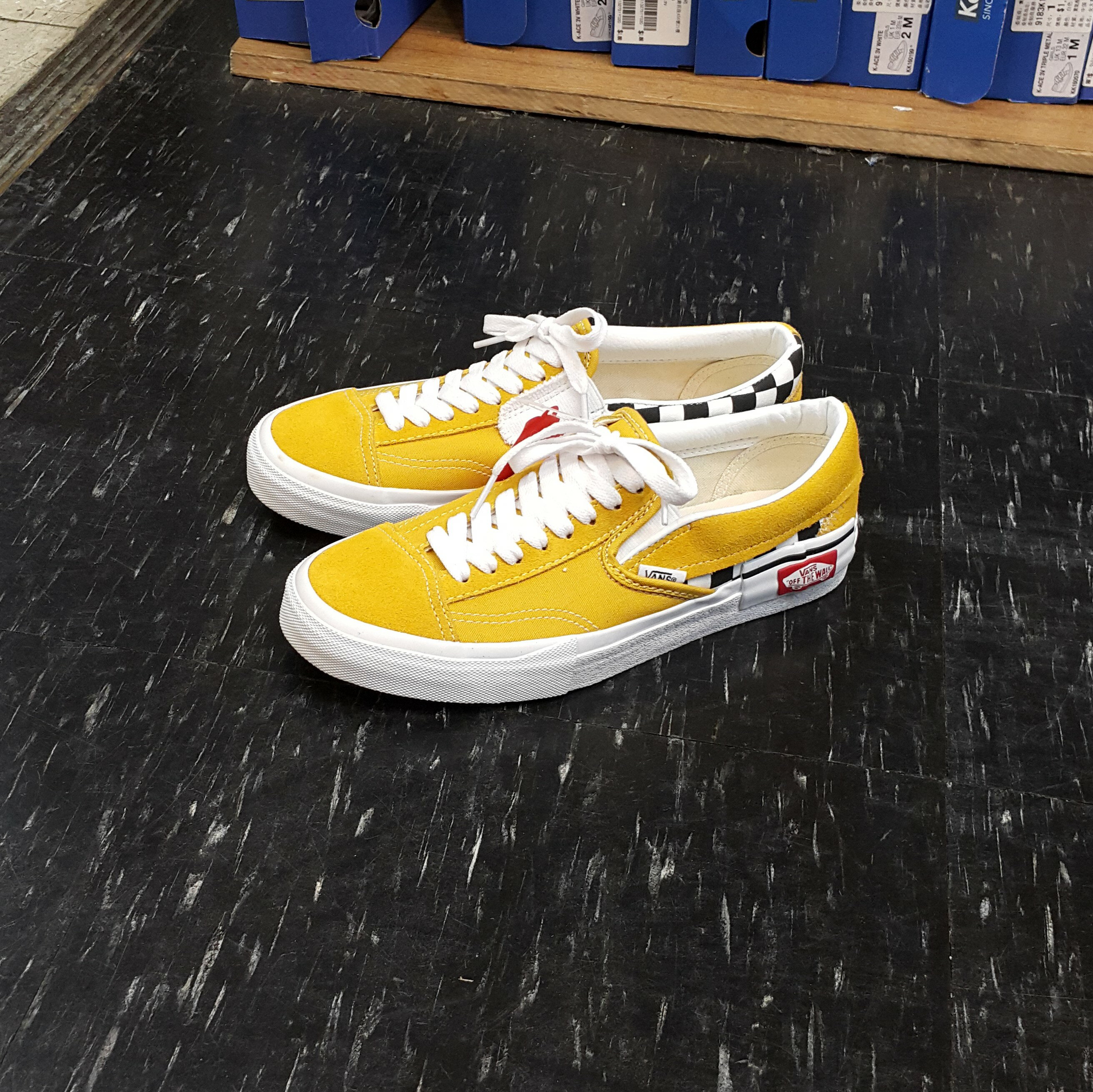 VANS 解構Slip On Cap Yolk 黃色芥末黃棋盤格懶人鞋麂皮帆布