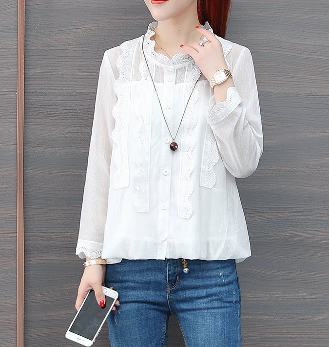 FINDSENSE品牌 秋季 新款 韓國原裝 優雅 性感 雪紡衫 蕾絲 純色 顯瘦 長袖襯衫 時尚 潮流 上衣