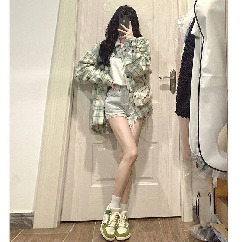 港味復古chic格子襯衫女寬松長袖襯衣設計感oversize夏季防曬外套