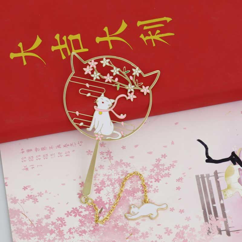 櫻花貓團扇黃銅鍍金書簽金屬創意禮品定製刻字禮物貓咪可愛吊墜流蘇書簽