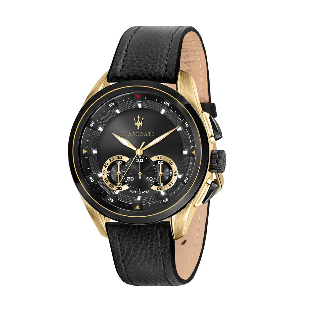 送禮首選★MASERATI 瑪莎拉蒂 經典黑金計時皮帶腕錶45mm(R8871612033) 附提袋【全館滿額折價★APP下單點數4倍送】線上購買享 實體門市同步服務
