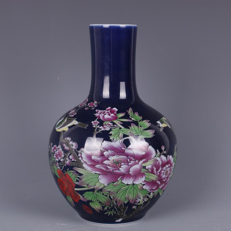 清乾隆藍地粉彩牡丹花鳥天球瓶仿古中式家居餐廳瓷器擺件古董古玩1入