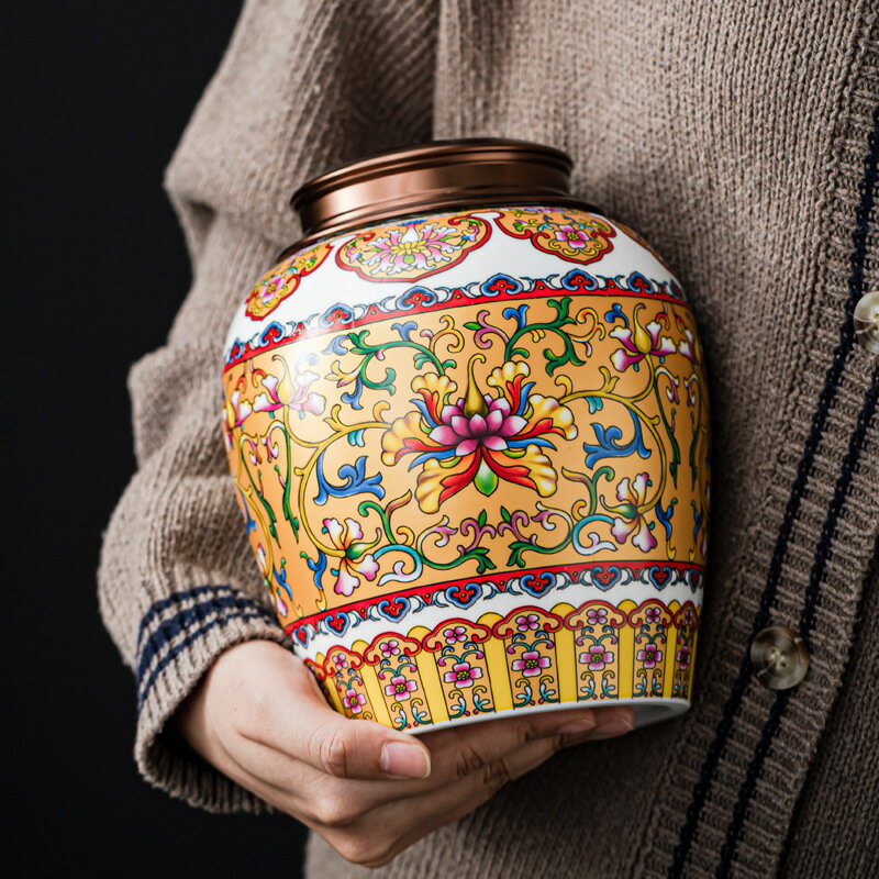 琺瑯彩青花瓷陶瓷茶葉罐禮盒大號儲物罐密封儲存罐紅綠普洱茶布包