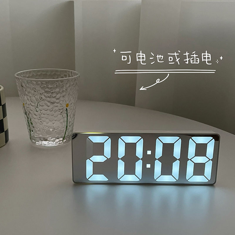 鬧鐘 鬧鐘LED靜音智能鏡面數字小鬧鐘ins風桌面時鐘透明學生用電子鐘表