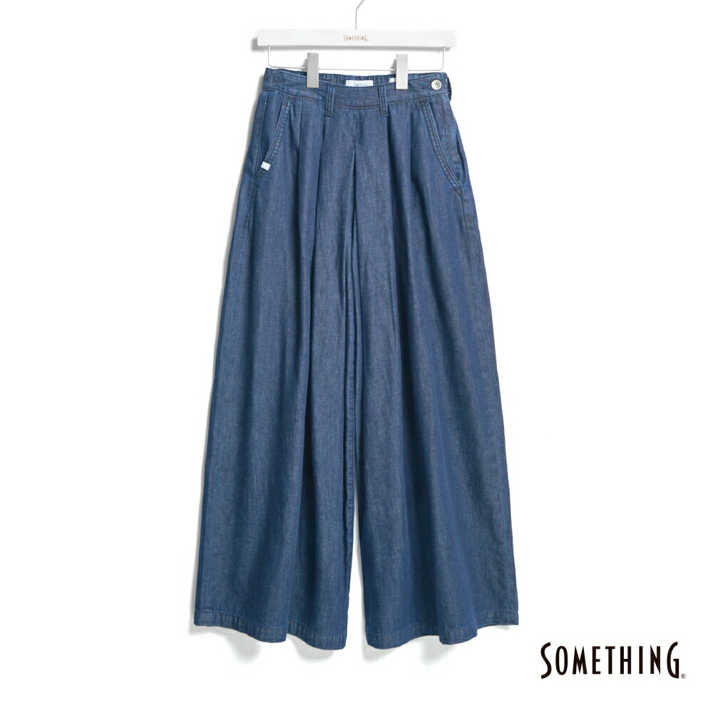 SOMETHING 女款 高腰打摺丹寧超寬褲 (酵洗藍)