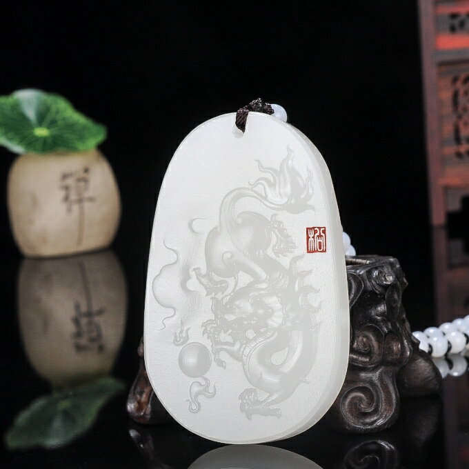 天然新疆和田白玉龍牌吊墜男士款玉石掛件生肖龍玉牌吊墜項鏈玉佩