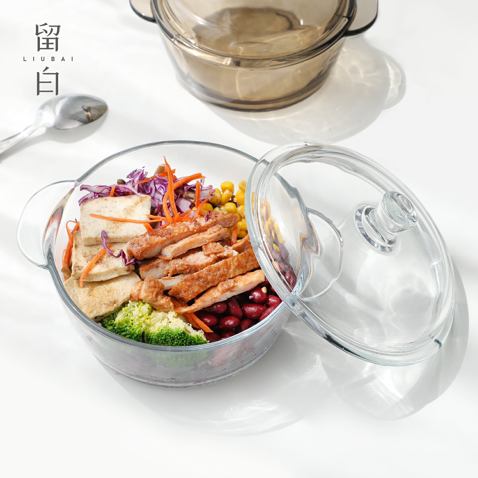 ins風茶色玻璃雙耳帶蓋泡麵碗 耐熱家用大容量沙拉碗微波爐湯碗