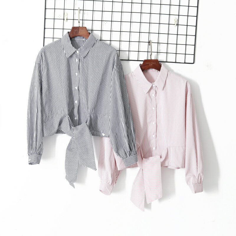 夏季女裝時尚韓版拼色豎條紋氣質翻領單排扣收腰系帶短款襯衫