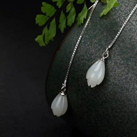 S925純銀白玉蘭花耳線耳墜白玉翡翠女士銀耳飾百搭時尚銀耳線墜