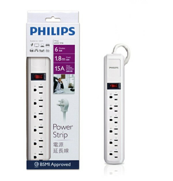 PHILIPS 飛利浦 SPB1160W過載保護型1開6插3孔L型平貼式插頭延長線-白色 (1.8米) 【葳豐數位商城】