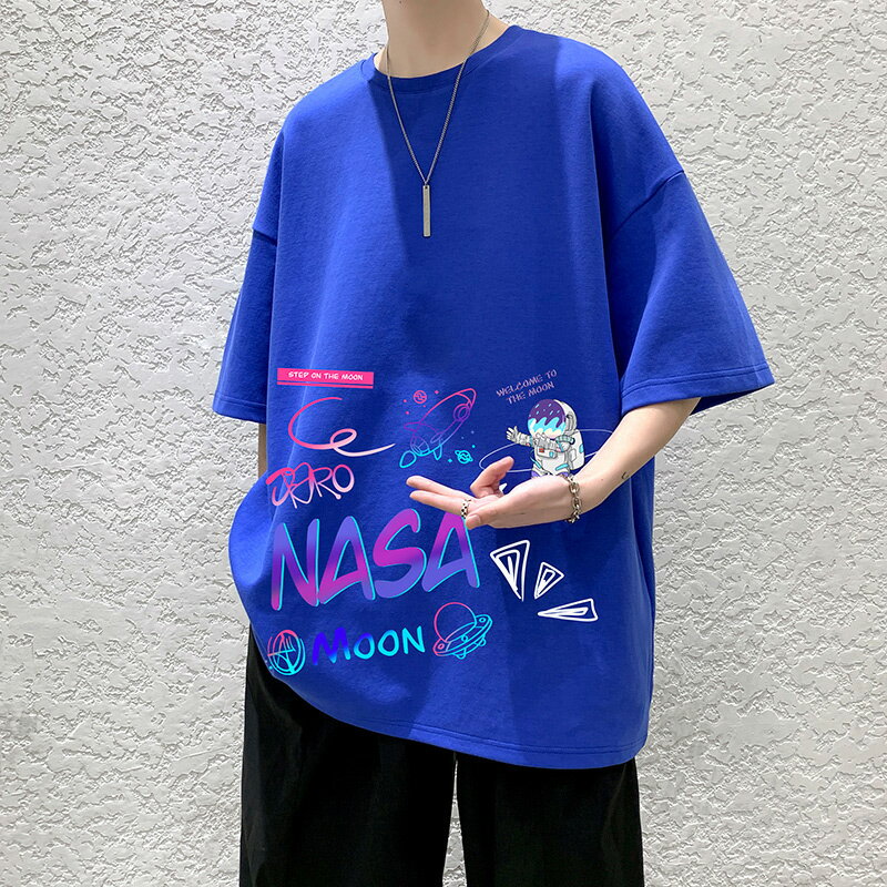 roora潮牌短袖男夏季vintage重磅t恤nasa美式vibe克萊因藍5五分袖