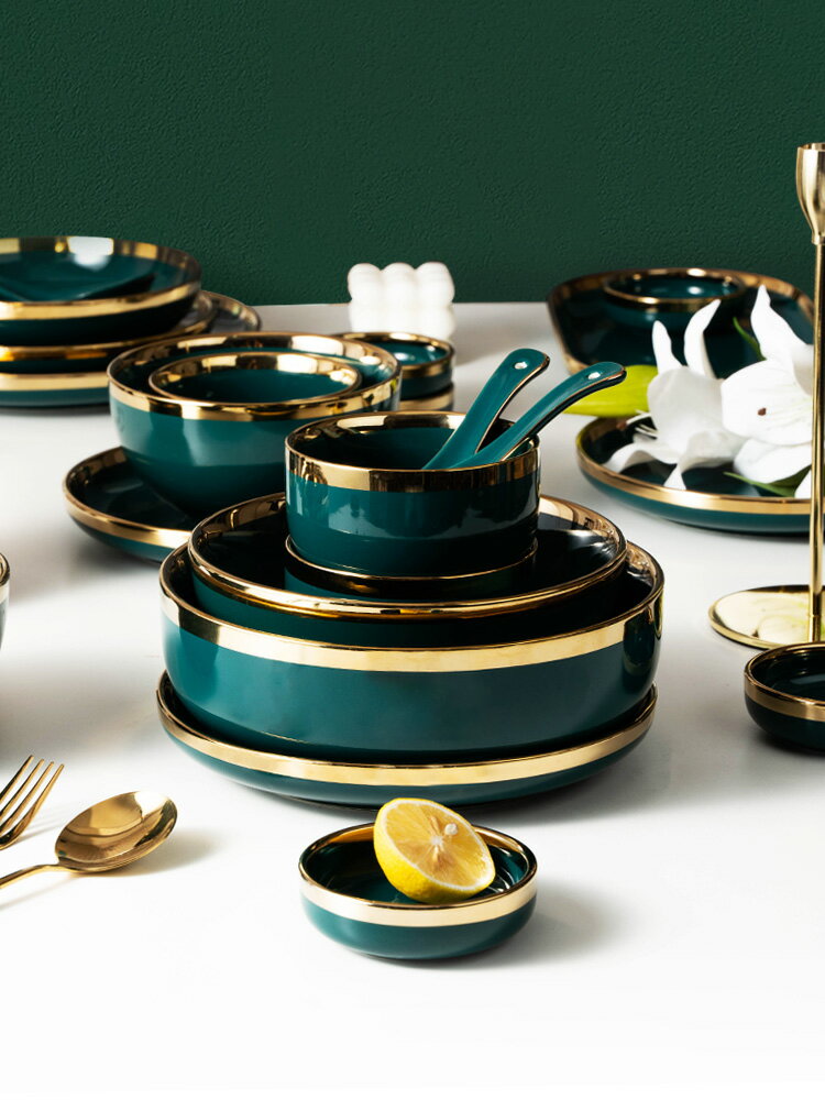 碗碟家用金邊祖母綠輕奢北歐網紅高檔顏值儀式感盤子吃飯筷子餐具