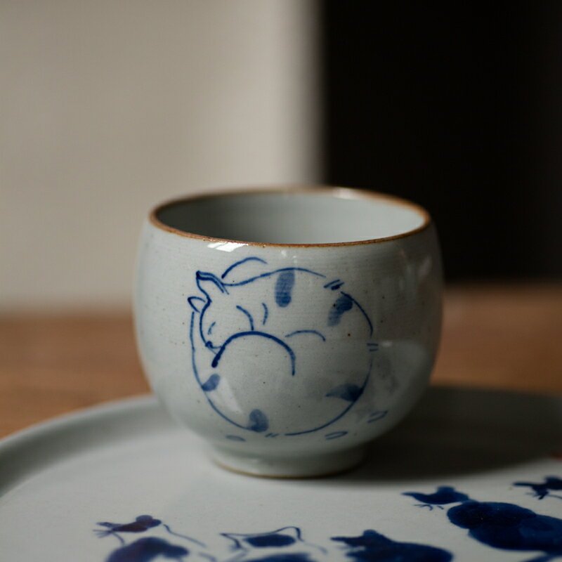 功夫道貓肥家潤主人杯手繪釉下青花杯大杯大茶杯粗陶茗杯個人杯| 協貿