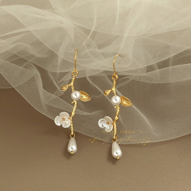 復古珍珠花朵耳環女小眾設計高級感網紅氣質長款耳墜流蘇耳鉤耳飾