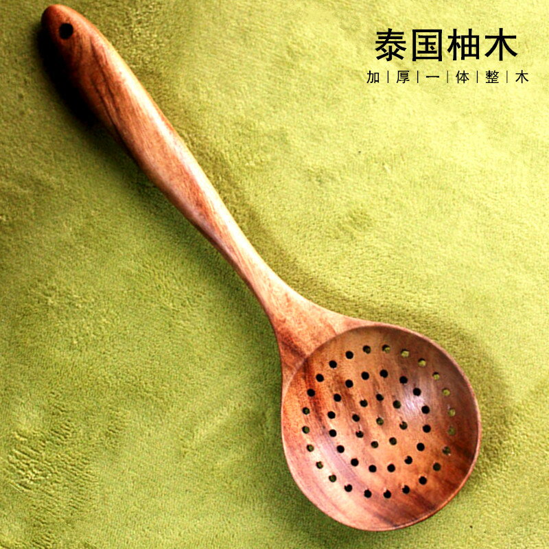 泰國柚木勺長柄大漏勺無漆實木日式家用廚房撈餃子濾湯勺火鍋撈勺