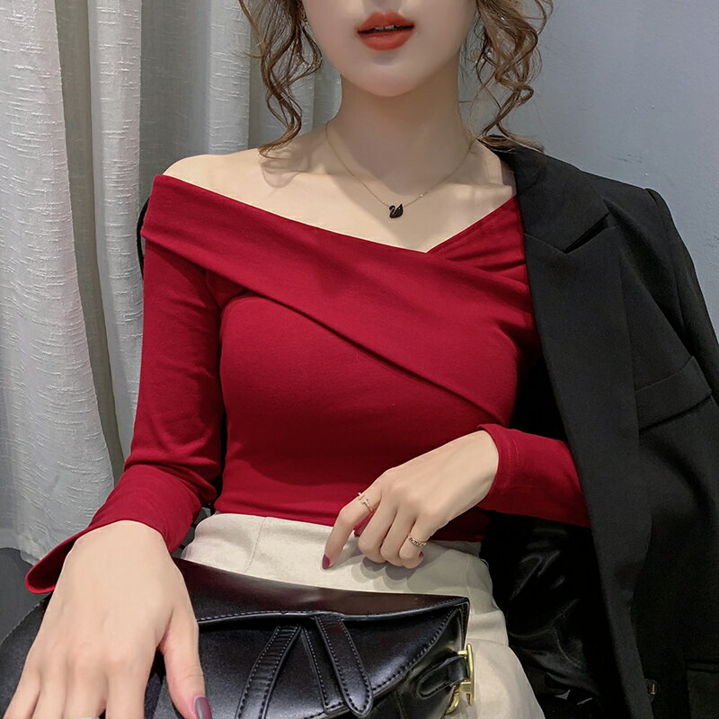 一字領打底衫女內搭秋冬洋氣歐貨性感露肩鎖骨上衣長袖t恤潮1入