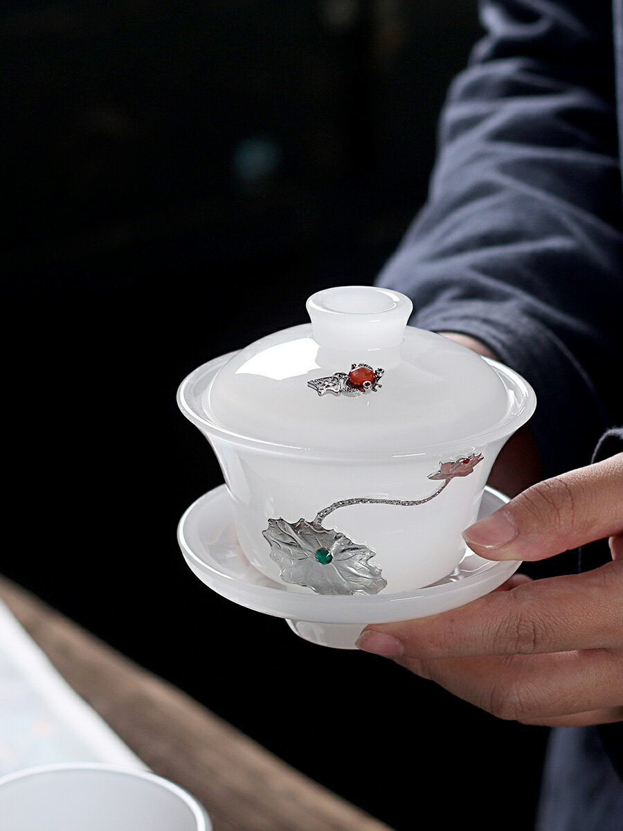 古法琉璃玉瓷透明蓋碗三才碗功夫茶具泡茶碗日式功夫茶具手抓茶器