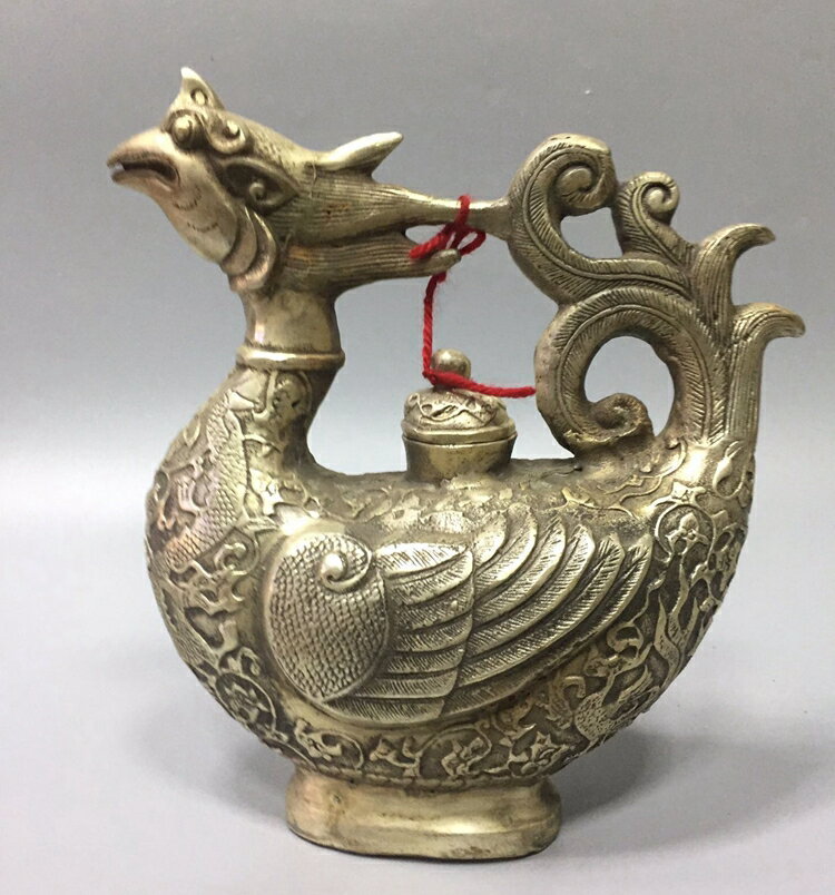 古玩銅器白銅黃銅鍍銀鳳凰酒壺擺件茶壺風嘴壺水壺裝飾禮品收藏品