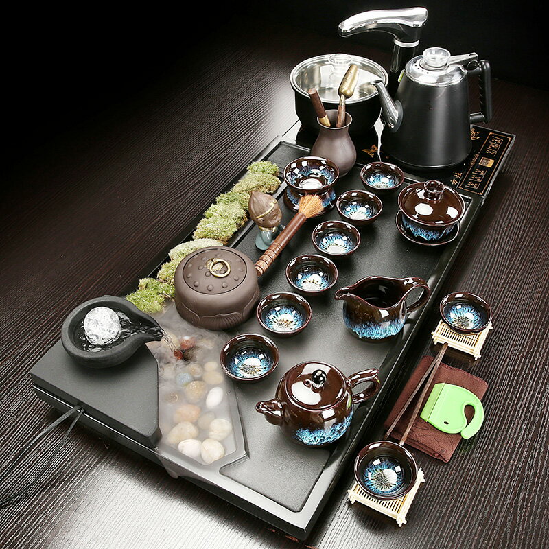整塊烏金石茶盤套裝現代家用辦公陶瓷喝茶茶具會客流水式茶臺整套