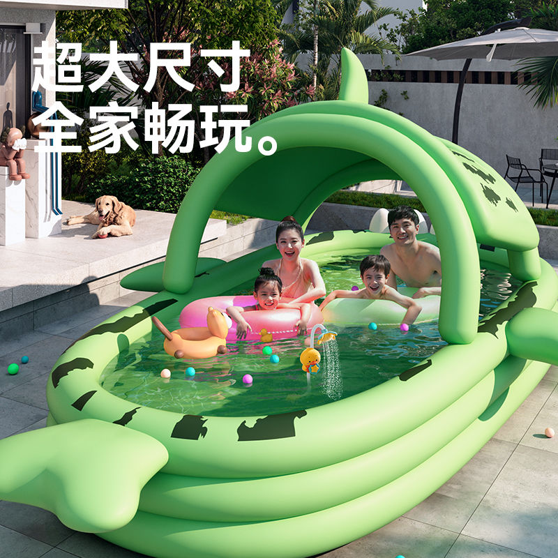 充氣泳池遮陽游泳池 鯊魚充氣泳池遮陽游泳池兒童折疊戲水池嬰幼兒戶外游泳池寶寶泳池