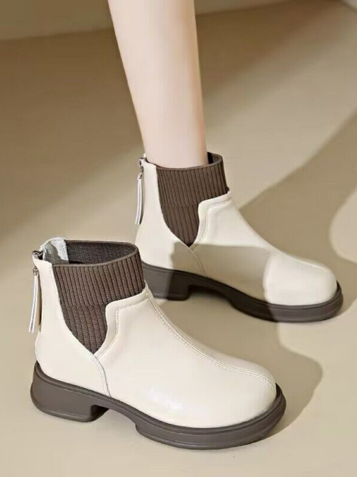 真皮厚底襪靴女2024秋新款英倫針織裸靴瘦瘦短靴馬丁靴【雲木雜貨】