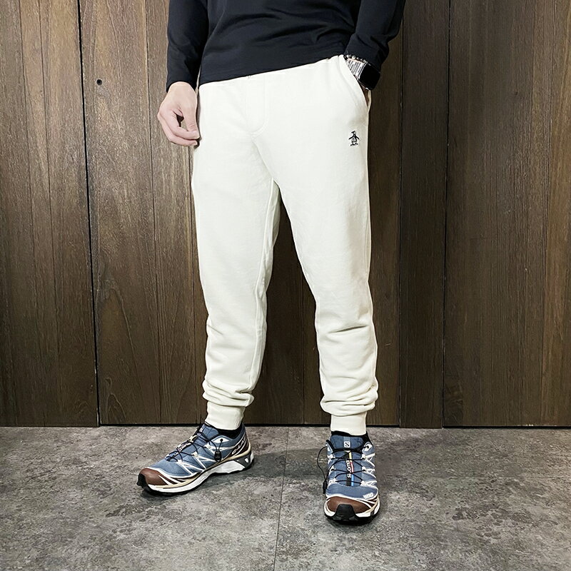 美國百分百【全新真品】Penguin 長褲 刷毛 棉質 運動褲 綁繩 男款 企鵝 長棉褲 米白/深藍 CS78