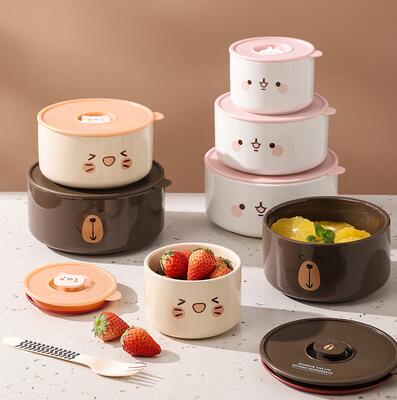 3件套 日式可愛保鮮碗陶瓷碗帶蓋密封飯盒上班族高顏值餐盒微波爐便當盒