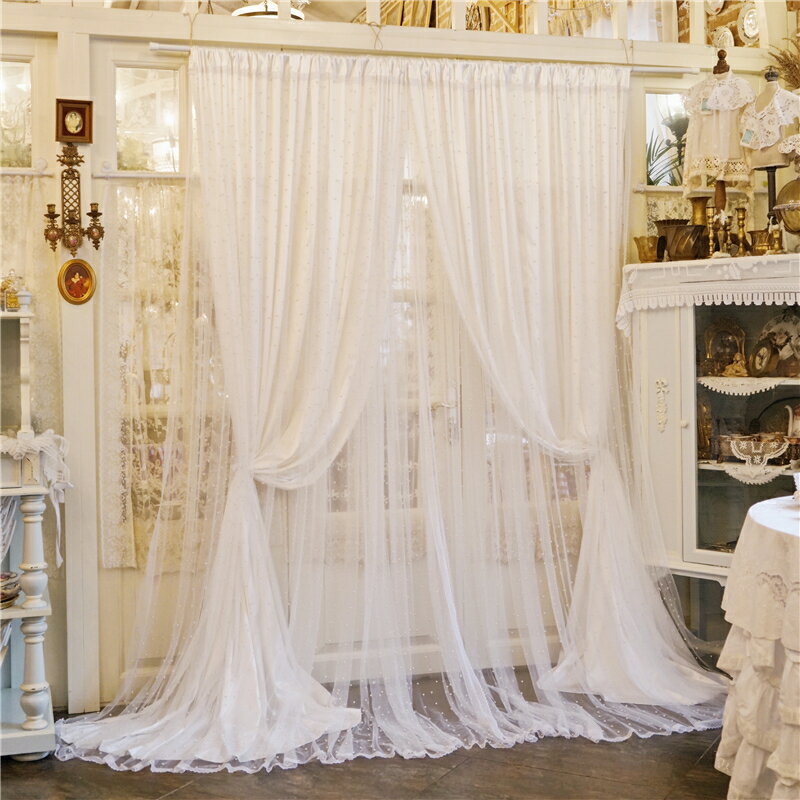 復古法式手工珍珠雙層浪漫laceshabby原創白色成品窗簾隔斷窗紗