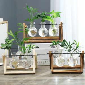 花瓶 創意木架桌面水培玻璃花瓶養綠蘿植物花盆容器擺件辦公室客廳裝飾--極有家創意生活館