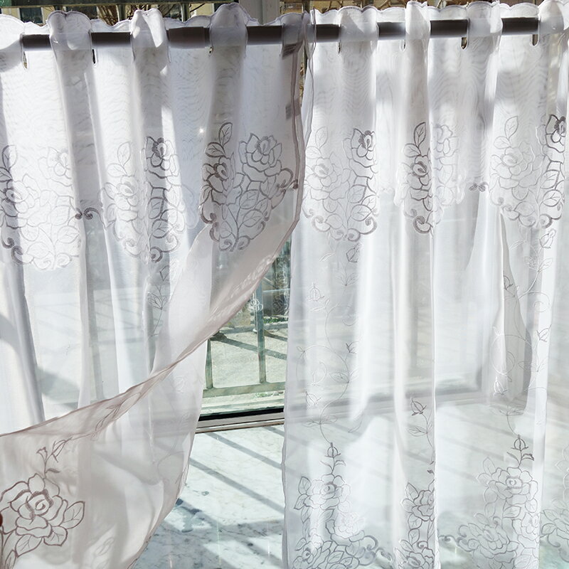 特價成品飄窗簾陽臺裝飾短簾布藝刺繡短窗半簾廚房銀色透光小紗簾 3