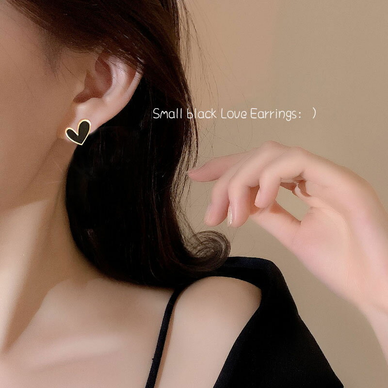 925銀針個性黑色愛心耳釘女氣質小巧耳環簡約小眾設計高級感耳飾