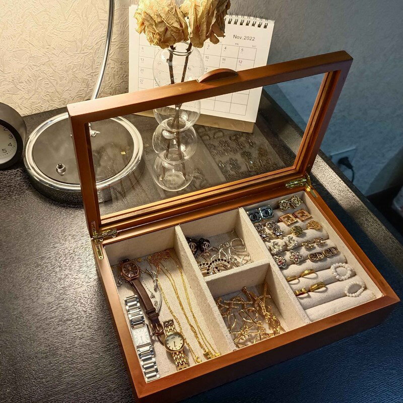 飾品收納盒耳釘耳環項鏈首飾盒大容量木質抽屜式家用珠寶盒化妝鏡