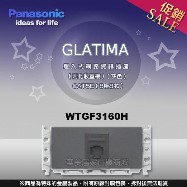 《國際牌Panasonic》 GLATIMA系列 WTGF3160H 埋入式網路資訊插座 附化妝蓋板 灰色 CAT5E 8極8芯