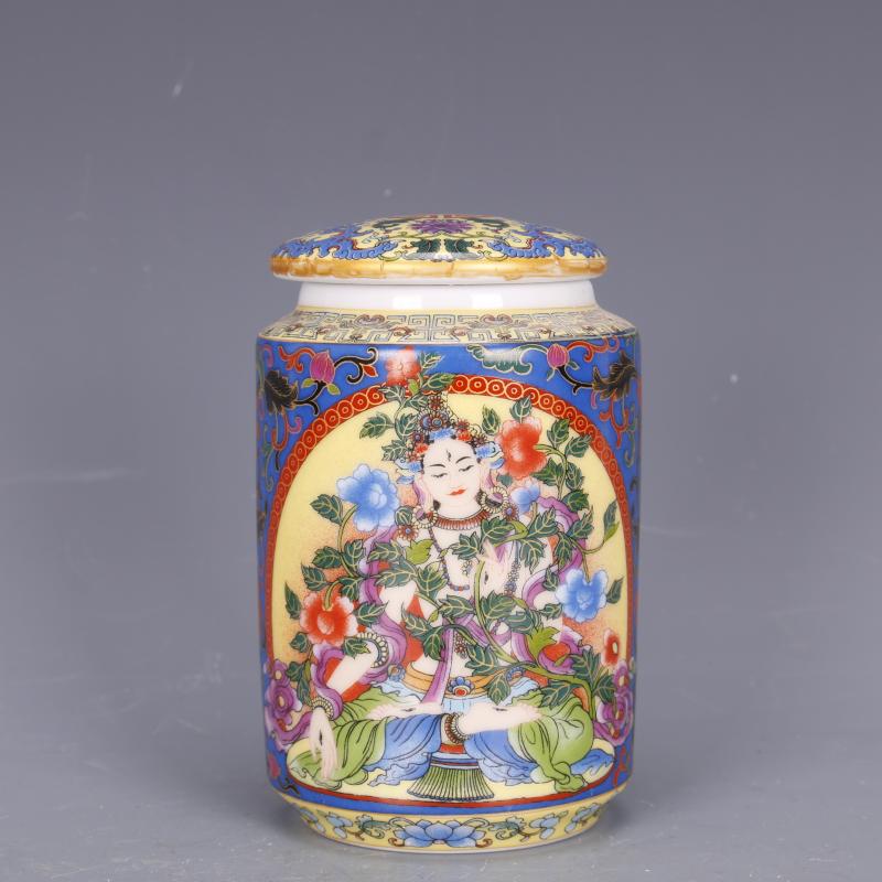 清乾隆琺瑯彩人物茶葉罐仿古中式瓷器家居博古擺件古董古玩收藏1入