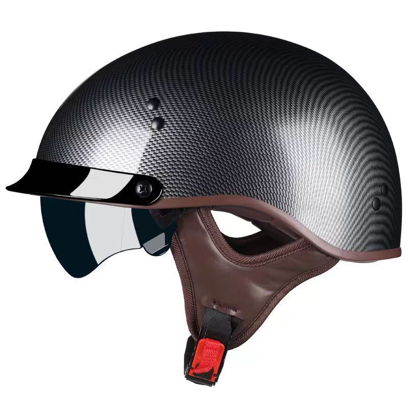3C認證摩托車頭盔巡航復古內鏡半盔仿碳纖機車安全盔帽瓢盔