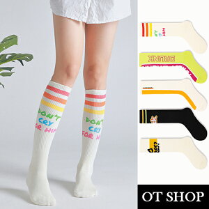 OT SHOP [現貨] 襪子 高筒襪 運動襪 男女款 精梳棉 字母 條紋 運動風街頭潮流 黑/黃綠/白色 M1159