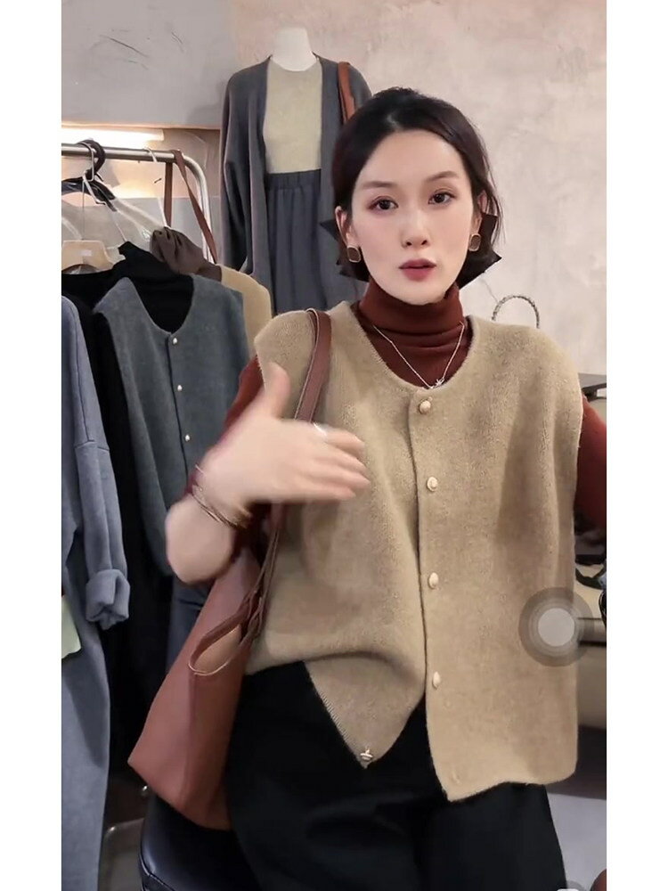 【喜挖】法式時尚春秋復古純色女裝無袖毛衣單排扣休閒百搭疊穿針織馬甲