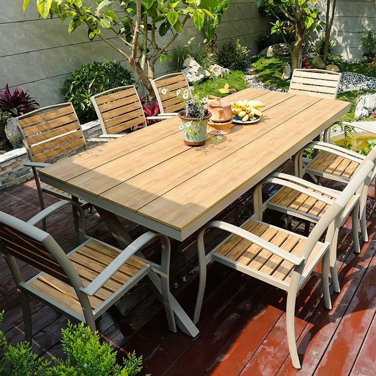 戶外塑木桌椅庭院露天花園別墅室外茶巴克椅大板復古簡約鐵藝茶臺