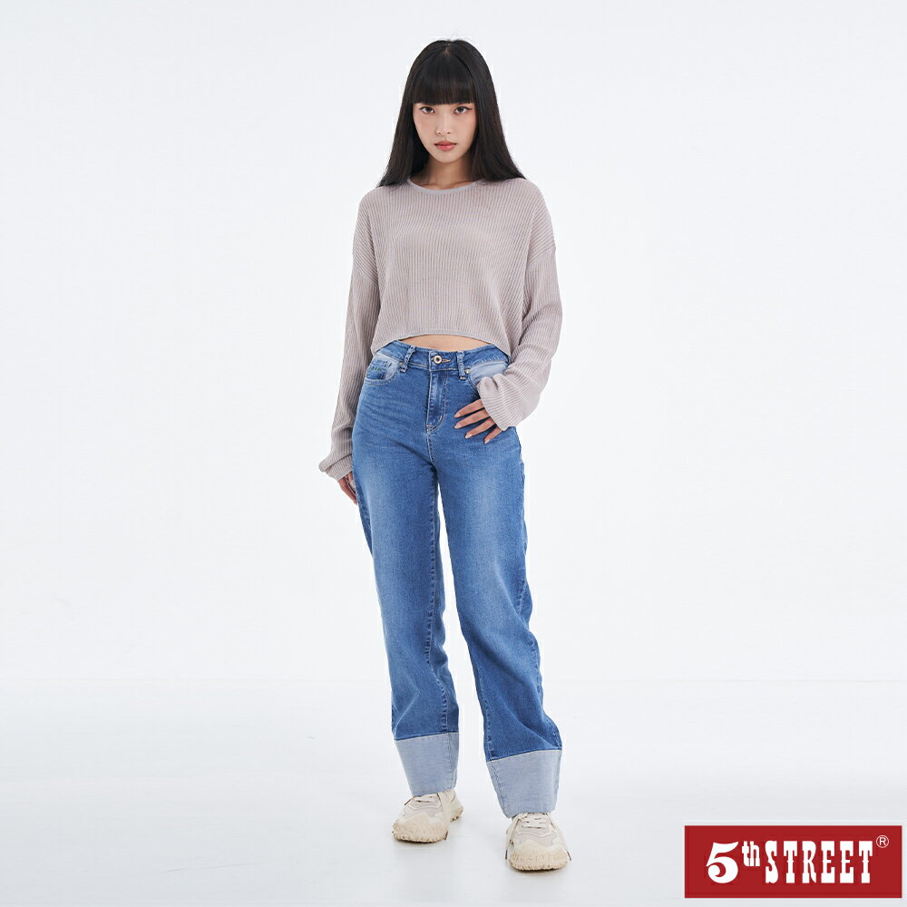 女裝 拼接牛仔中直筒褲-中古藍(瞬乾極綿) (947493) 【5th STREET】【全館滿$3000贈環保餐具收納包】