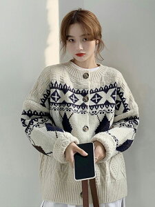 美式復古菱格毛衣女秋冬2021年新款今年流行的慵懶風針織開衫外套