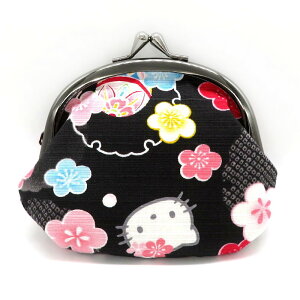 asdfkitty*日本製 KITTY梅花和風雙珠扣零錢包-黑色-大尺寸-可放耳機.充電線.卡類.佛珠-正版商品