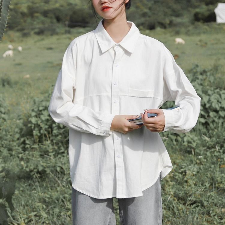 設計感小眾長袖寬鬆加厚全棉打底襯衣19秋冬韓版學生白襯衫女上衣