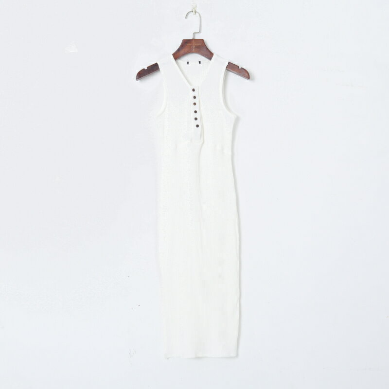 夏季女裝時尚韓版優雅V領紐扣套頭修身顯瘦彈力針織背心裙