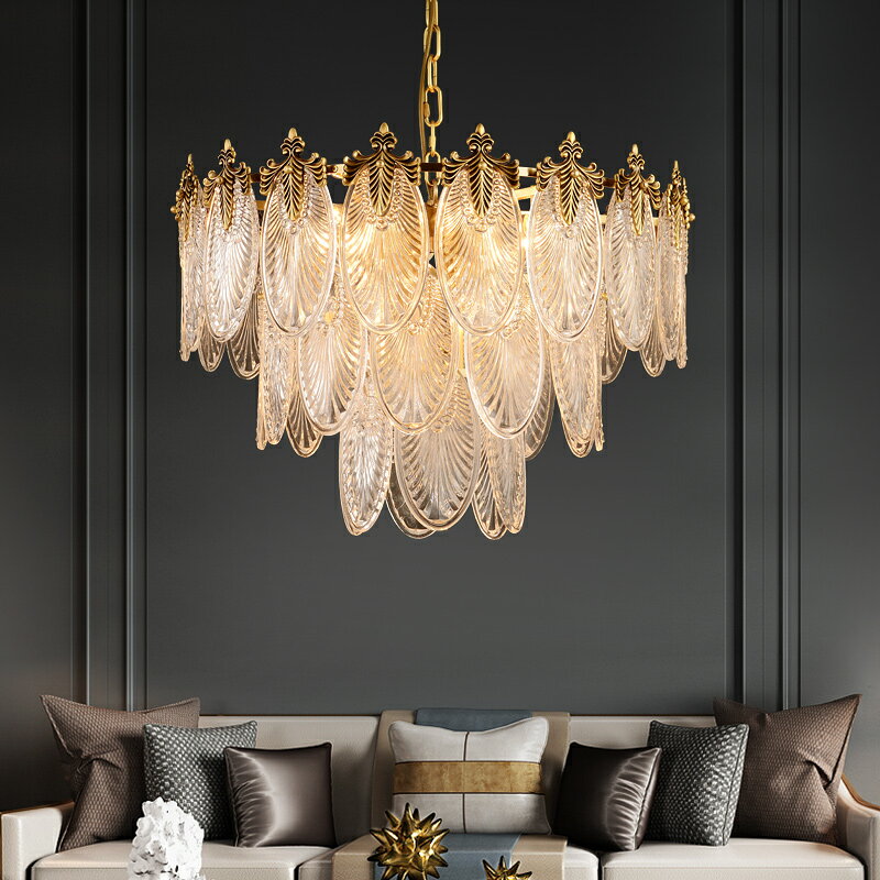 全銅客廳吊燈法式圓形輕奢燈具設計師美式創意玻璃樹葉臥室餐廳燈